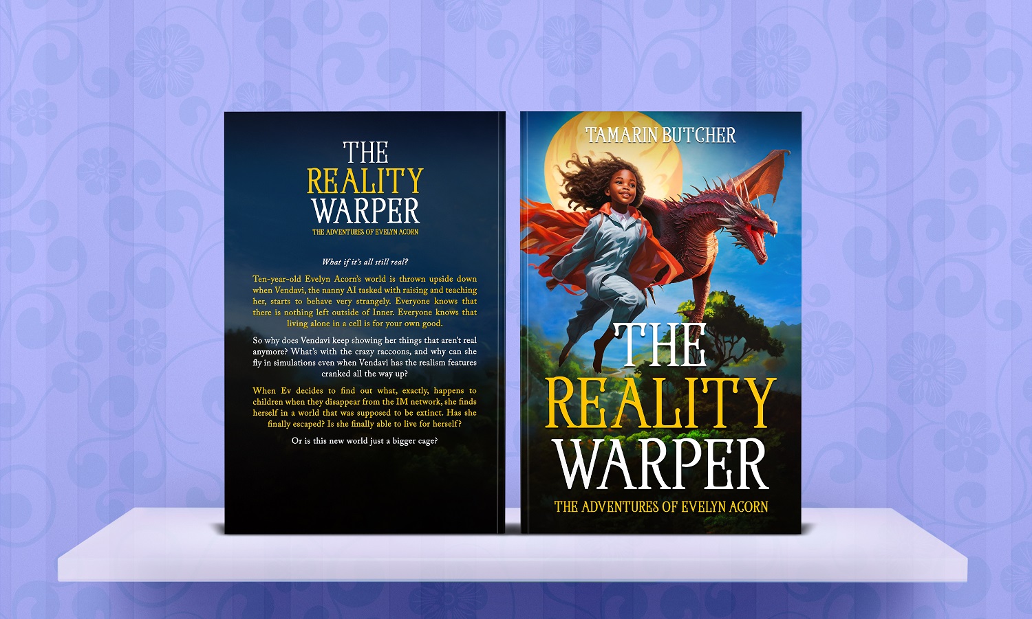 Cover image for The Reality Warper by Tamarin Butcher showing an 11-year old African American girl flying next to a red dragon.